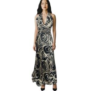 Betsy & Adam Black Cream Halter Maxi Dress NWOT Size 4 Glam Party Event